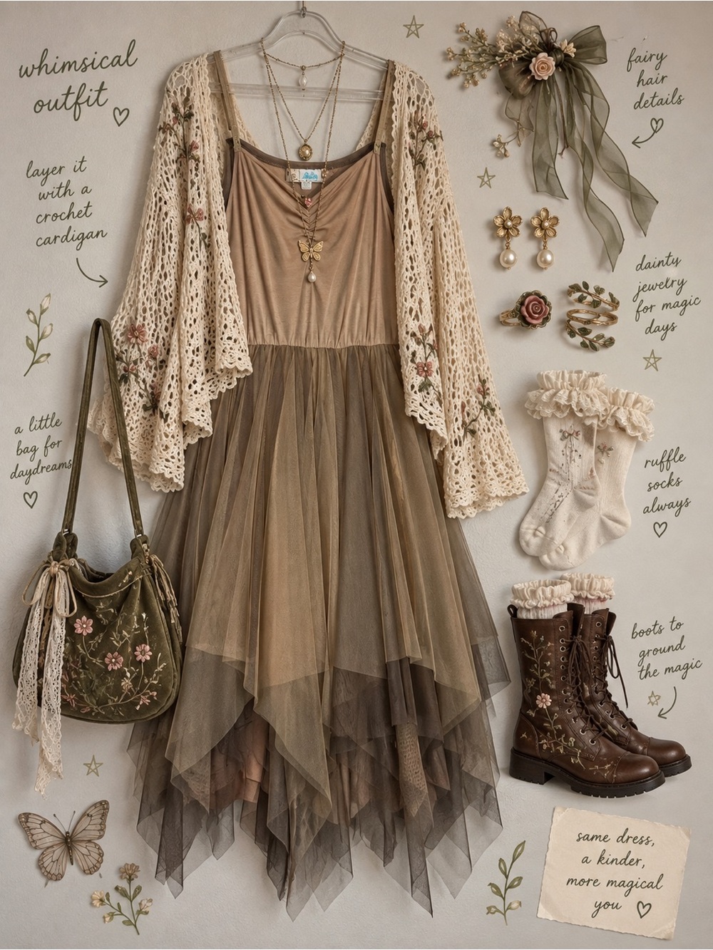 Boho Tiered Tulle Midi Dress in Taupe - Whimsical Style